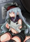  1girl absurdres bangs bare_shoulders barefoot belt black_shorts blurry blurry_background blush brown_eyes coat commentary_request eyebrows_visible_through_hair g11_(girls_frontline) girls_frontline green_coat grey_shirt groin hair_between_eyes hat highres jacket lifted_by_self long_hair long_sleeves looking_at_viewer navel no_shoes off_shoulder open_clothes open_coat pouty_lips scarf scarf_on_head shirt shirt_lift shorts shoulder_cutout silver_hair single_knee_pad sitting solo stomach thigh_strap thighhighs thighs unbuttoned_pants very_long_hair wariza 