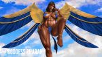  1girl abs artist_name bare_arms bare_legs bikini_top bracelet breasts brown_eyes brown_hair hakuboi headpiece jewelry large_breasts lips loincloth looking_at_viewer makeup mechanical_wings medium_hair nail_polish navel outdoors overwatch pharah_(overwatch) ring sky solo wings 