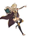  bangs blonde_hair book breasts bridal_gauntlets cape circlet covered_navel fire_emblem fire_emblem_heroes fire_emblem_if full_body grey_eyes hair_ornament hand_up highres holding holding_book jewelry leg_up leotard long_hair looking_away medium_breasts non-web_source official_art open_book open_mouth open_toe_shoes ophelia_(fire_emblem_if) shiny shiny_hair shiny_skin sidelocks solo thighhighs toes transparent_background umiu_geso wavy_hair 