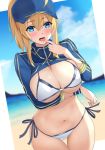  akatsuki_ikki arm_under_breasts artoria_pendragon_(all) baseball_cap beach bikini blonde_hair blue_eyes blue_hat blush breast_hold breasts cleavage commentary_request day eyebrows_visible_through_hair fate/grand_order fate_(series) finger_to_mouth hat highres large_breasts long_hair looking_at_viewer mysterious_heroine_xx_(foreigner) navel open_mouth outdoors ponytail revision shrug_(clothing) side-tie_bikini solo standing swimsuit tongue tongue_out white_bikini zipper 
