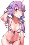  arm_up armpits bikini blush breasts collarbone commentary_request cowboy_shot front-tie_bikini front-tie_top headset konnyaku_(kk-monmon) leaning_forward looking_at_viewer navel purple_eyes purple_hair short_hair_with_long_locks side-tie_bikini sidelocks simple_background small_breasts solo striped striped_bikini swimsuit voiceroid white_background yuzuki_yukari 