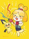  animal_ears bell blonde_hair blush blush_stickers dog dog_ears dog_girl dog_tail doubutsu_no_mori furry gen_2_pokemon hair_ornament highres open_mouth pichu pokemon pokemon_(creature) shizue_(doubutsu_no_mori) skirt smile super_smash_bros. super_smash_bros._ultimate tail topknot yasaikakiage 