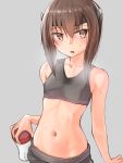  1girl :o bare_arms bare_shoulders black_sports_bra blush bottle breasts brown_eyes brown_hair collarbone commentary cowboy_shot eyebrows_visible_through_hair grey_background hair_between_eyes headgear highres holding holding_bottle kabayaki_namazu kantai_collection looking_at_viewer midriff navel open_mouth short_hair simple_background small_breasts solo sports_bra sweat taihou_(kantai_collection) 