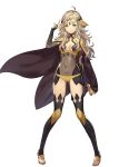  bangs blonde_hair breasts bridal_gauntlets cape circlet closed_mouth covered_navel fire_emblem fire_emblem_heroes fire_emblem_if full_body grey_eyes hair_ornament hand_up highres jewelry leotard long_hair looking_at_viewer medium_breasts non-web_source official_art open_toe_shoes ophelia_(fire_emblem_if) shiny shiny_hair sidelocks smile solo standing thighhighs transparent_background turtleneck umiu_geso wavy_hair 