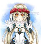  azukakaka blush code:_battle_seraph_(elsword) elsword eve_(elsword) facial_mark gem gloves hands_on_own_head head_wreath highres long_hair open_mouth sidelocks silver_hair yellow_eyes 