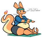  aimbot-jones anthro belly big_belly charizard clothing dragon exercise female fire headband navel nintendo overweight pok&eacute;mon pok&eacute;mon_(species) pok&eacute;morph scalie shorts solo stretching sweat sweatband text thick_thighs valentina_(aimbot-jones) video_games 