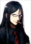  black_hair black_jacket black_shirt brown_eyes cigarette commentary_request fate/grand_order fate_(series) glasses hair_between_eyes jacket kei-suwabe long_hair looking_at_viewer lord_el-melloi_ii lord_el-melloi_ii_case_files male_focus necktie revision shirt smoking twitter_username upper_body waver_velvet 