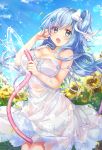  bare_arms bare_shoulders between_legs blue_eyes blue_hair blue_sky blurry blurry_background blush bow breasts cleavage collarbone cowboy_shot day depth_of_field dress emori_miku emori_miku_project flower gomano_rio hair_bow hair_ornament hairclip highres holding holding_hose hose large_breasts lens_flare long_hair looking_at_viewer nail_polish one_side_up open_mouth orange_nails petals see-through sky solo standing strap_slip sundress sunflower water wet wet_clothes wet_dress white_bow white_dress 