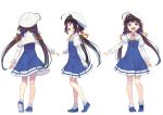  ahoge blue_dress blue_eyes blue_footwear brown_hair commentary dress hat hinatsuru_ai kneepits long_hair low_twintails multiple_views official_art open_mouth ryuuou_no_oshigoto! shirabi shoes smile socks turnaround twintails 