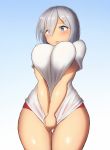  blue_eyes blush breasts buruma commentary_request covering covering_crotch cowboy_shot embarrassed eyes_visible_through_hair gym_uniform hair_ornament hair_over_one_eye hairclip hamakaze_(kantai_collection) kantai_collection large_breasts looking_at_viewer maku_ro open_mouth shirt shirt_tug short_hair short_sleeves silver_hair thighs 