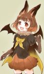  animal_ears bat_ears bat_wings blush brown_hair brown_long-eared_bat_(kemono_friends) cape commentary_request cowboy_shot elbow_gloves eyebrows_visible_through_hair fangs fur_collar gloves kemono_friends korean_commentary multicolored_hair neckerchief pleated_skirt puffy_short_sleeves puffy_sleeves sailor_collar san_sami short_hair short_sleeves skirt solo thighhighs waving wings zettai_ryouiki 