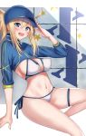  :d ahoge akatsuki_ikki artoria_pendragon_(all) baseball_cap bikini blonde_hair blue_eyes blue_hat blue_jacket blush breasts covered_nipples cropped_jacket eyebrows_visible_through_hair fate/grand_order fate_(series) hair_between_eyes hat highres invisible_chair jacket large_breasts long_hair long_sleeves looking_at_viewer mysterious_heroine_xx_(foreigner) navel open_mouth perky_breasts ponytail shrug_(clothing) side-tie_bikini sitting smile solo star swimsuit thigh_strap white_bikini zipper_pull_tab 