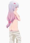  ass bangs beige_pants blue_eyes blush bow bra butt_crack crossed_arms dimples_of_venus eromanga_sensei eyebrows_visible_through_hair from_behind gradient_hair hair_bow hayyan highres izumi_sagiri lavender_hair long_hair looking_at_viewer looking_back multicolored_hair open_mouth panties pants_pull panty_pull pink_bow pink_bra pink_panties silver_hair simple_background solo standing two-tone_hair underwear upper_teeth white_background 