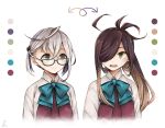  ahoge alternate_hair_color asashimo_(kantai_collection) bangs blue-framed_eyewear blue_bow blue_neckwear bow bowtie brown_hair color_switch crossed_bangs directional_arrow dress eyebrows_visible_through_hair glasses green_eyes grey_hair hair_over_one_eye kantai_collection light_brown_hair long_hair miroku_san-ju multicolored_hair multiple_girls okinami_(kantai_collection) open_mouth pleated_dress ponytail purple_dress school_uniform shirt short_hair signature smile squiggle sweatdrop two-tone_hair upper_body white_background white_shirt wing_collar 