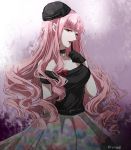  bangs black_gloves black_hat black_shirt blunt_bangs collar finger_to_mouth gloves hat hino_(8) lipstick long_hair looking_at_viewer makeup miracle_nikki nikki_(miracle_nikki) patterned_clothing pink_eyes pink_hair red_lipstick red_ribbon ribbon shirt solo 