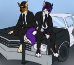  2016 amocin anthro barefoot canine car claws clothed clothing digital_media_(artwork) dog duo eyewear fedora fox fur german_shepherd hair hat husky hybrid looking_at_viewer male mammal outside paws police_car purple_fur purple_hair sheppy shyloc simple_background smile suit sunglasses toe_claws vehicle white_fur wolf 