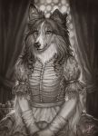  anthro bagheera canine clothing dog dress elbow_tufts female food fruit gloves inside looking_at_viewer mammal monochrome sepia sheepdog smile solo strawberry tuft whiskers 