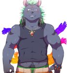  abs bracelet clothing green_hair hair hyena jewelry male mammal midriff muscular muscular_male necklace nyarlathotep_(tokyo_afterschool_summoners) pubes shirt shorts tail_hand tank_top tokyo_afterschool_summoners やぬとり 