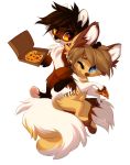  2018 amber_eyes anthro blue_eyes brown_hair canine digital_media_(artwork) duo female food fox hair magenta7 male mammal pizza simple_background smile tan_hair white_background 