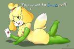  aeonspassed animal_crossing blush breasts butt canine digital_media_(artwork) dog female fur isabelle_(animal_crossing) looking_at_viewer mammal nintendo nipples open_mouth rubber shih_tzu simple_background smile solo video_games yellow_fur 