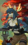  2018 5_fingers anthro black_nose blue_eyes blue_fur breasts canine clothed clothing day digital_media_(artwork) female fur holding_object holding_weapon mammal melee_weapon melloque midriff navel outside solo standing sword weapon white_fur wolf xuan yellow_eyes 