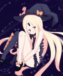  :q abigail_williams_(fate/grand_order) asymmetrical_legwear bangs black_bow black_footwear black_hat black_legwear black_panties blonde_hair blurry blurry_background blush bow brown_eyes closed_mouth commentary_request depth_of_field eyebrows_visible_through_hair eyes_visible_through_hair fate/grand_order fate_(series) hat hat_bow head_tilt highres kujou_karasuma leg_hug long_hair looking_at_viewer mary_janes orange_bow panties parted_bangs revealing_clothes shoes signature single_thighhigh sitting smile solo stuffed_animal stuffed_toy teddy_bear thighhighs tongue tongue_out topless underwear very_long_hair witch_hat 