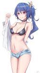  bare_shoulders bikini black_bikini blue_hair blue_shorts blush breasts cleavage clothes_pin collarbone commentary eyebrows_visible_through_hair girls_frontline groin highres k11_(girls_frontline) leather_choker long_hair long_sleeves looking_at_viewer messy_hair navel open_clothes parted_lips purple_eyes removing_shirt shirt short_shorts shorts side_ponytail sidelocks signature simple_background smile stomach swimsuit thighs twitter_username unbuttoned_pants undressing vvy white_background white_shirt 