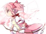  bow breasts bubble_skirt choker eyebrows_visible_through_hair flower frown gloves hair_ribbon holding iwashi_(ankh) kaname_madoka looking_away magical_girl mahou_shoujo_madoka_magica pink pink_eyes pink_flower pink_hair pink_ribbon pink_rose profile puffy_short_sleeves puffy_sleeves ribbon rose serious short_sleeves simple_background skirt small_breasts solo twintails upper_body walking white white_background white_gloves wings 