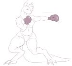  anthro boxing_gloves clothed clothing dewclawpaw female greyscale kangaroo mammal marsupial monochrome muscular muscular_female navel simple_background smile solo standing thick_thighs 