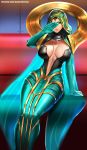  arm_up badcompzero bodysuit breasts center_opening highres hood large_breasts league_of_legends navel odyssey_sona open_bodysuit skin_tight sona_buvelle sweat wide_hips yellow_eyes 