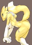  2018 anthro areola bedroom_eyes bent_over big_breasts breasts canine chest_tuft claws digimon digital_media_(artwork) female gabeyshadowbane green_eyes half-closed_eyes hanging_breasts mammal nipples presenting raised_tail renamon seductive smile smirk solo thick_thighs tuft 