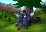  2017 amocin anthro armor black_fur black_nose black_panther blizzard_entertainment bovine claws clothed clothing day detailed_background digital_media_(artwork) eyes_closed feline feral fur grass hair hooves hunter male mammal nude outside panther pawpads paws rock sky smile tauren tree video_games warcraft 