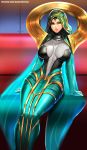  alternate_costume badcompzero bodysuit breasts covered_navel highres hood impossible_bodysuit impossible_clothes large_breasts league_of_legends odyssey_sona skin_tight sona_buvelle wide_hips yellow_eyes 
