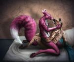  2018 anthro bed bedding bedroom big_tail blanket blush brown_fur canine claws colored duo eyes_closed fluffyhyena fox fur hand_on_face hyena looking_at_partner male male/male mammal muscular nude open_mouth paws pillow pink_fur pixie_k raised_tail red_fur sitting smile spots spotted_fur toe_claws tongue tongue_out van(character) yellow_eyes 