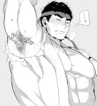  abs armpit_hair black_hair blush chest closed_eyes closed_mouth greyscale headband male_focus monochrome muscle nabana_(bnnbnn) nipples pectorals ryuu_(street_fighter) simple_background solo steam street_fighter sweat thick_eyebrows upper_body 