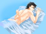  ass back black_hair blue_background butt_crack fate/zero fate_(series) highres lancer_(fate/zero) looking_at_viewer lying male_focus mj_(cuzbien) mole mole_under_eye naked_sheet nipples nude on_stomach parted_lips simple_background under_covers 
