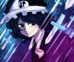  androgynous black_hair danmaku frilled_hat frills hat hood hooded_jacket hoodie jacket knife len'en m40u necktie shitodo_kuroji short_hair smile solo triangular_headpiece 