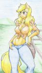  2018 anthro anthrofied applejack_(mlp) blonde_hair breasts cleavage clothed clothing equine female flicker-show freckles friendship_is_magic green_eyes hair horse long_hair mammal my_little_pony navel nipple_bulge pony solo sweat 