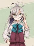  adjusting_eyewear ahoge asashimo_(kantai_collection) bespectacled blue-framed_eyewear blue_bow blue_neckwear bow bowtie collared_shirt dress eyebrows_visible_through_hair eyes_visible_through_hair glasses green_eyes grey_hair grin hair_between_eyes hair_ornament hairclip hand_on_hip hand_up kantai_collection miroku_san-ju multicolored_hair pleated_dress ponytail purple_dress purple_hair school_uniform sharp_teeth shirt signature sleeves_rolled_up smile solo sparkle teeth white_shirt wing_collar 