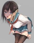  bangs black_hair black_legwear blue_eyes blue_sailor_collar blue_skirt blush breasts commentary eyebrows_visible_through_hair grey_background hair_between_eyes hair_ornament kureha_(ironika) legs_together long_hair long_sleeves looking_at_viewer medium_breasts neckerchief open_mouth original pantyhose pantyhose_pull pleated_skirt pulled_by_self red_neckwear sailor_collar school_uniform serafuku shirt simple_background skirt sleeve_cuffs solo standing tsubasa_(kureha) white_shirt x_hair_ornament 