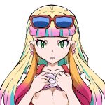  1girl blonde_hair bra bra_lift breasts creatures_(company) game_freak gomatarou_(pixiv196136) green_eyes lipstick looking_at_viewer makeup mascara nintendo nipples pokemon pokemon_(anime) risa_(pokemon) shirt_lift small_breasts solo underwear upper_body 