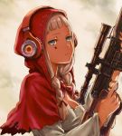  bangs blonde_hair blue_eyes braid breasts capelet cleavage dragunov_svd facial_mark grimm's_fairy_tales gun hair_ribbon headphones highres holding holding_gun holding_weapon hood hood_up hooded_capelet little_red_riding_hood little_red_riding_hood_(grimm) long_hair long_sleeves looking_at_viewer medium_breasts original red_hood red_ribbon ribbon rifle scope sniper_rifle solo star trigger_discipline twin_braids twintails ume_(yume_uta_da) upper_body weapon 