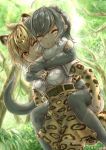  :t animal_ears animal_print belt blonde_hair blush carrying center_frills cheek-to-cheek closed_eyes commentary_request elbow_gloves eyebrows_visible_through_hair fingerless_gloves frilled_swimsuit frills fur_collar gloves green_eyes grey_hair high-waist_skirt highres jaguar_(kemono_friends) jaguar_ears jaguar_print jaguar_tail kemono_friends multicolored_hair multiple_girls okyao one-piece_swimsuit one_eye_closed otter_ears otter_tail piggyback short_hair short_sleeves skirt small-clawed_otter_(kemono_friends) swimsuit tail thighhighs toeless_legwear white_hair zettai_ryouiki 