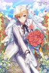  ascot blonde_hair blue_sky bouquet bridal_veil cloud day flower formal gloves green_eyes heart hetero holding holding_bouquet holding_hands interitio light_smile looking_at_viewer male_focus official_art outdoors pants path petals red_flower red_rose road rose sid_story sky solo_focus suit veil vest wedding white_flower white_gloves white_pants white_rose white_suit white_vest 