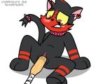  2018 5:4 anthro anthrofied baseball_bat biting_lip black_fur blush cub digital_media_(artwork) feline female fur improvised_sex_toy litten mammal nintendo nude penetration pok&eacute;mon pok&eacute;mon_(species) pokefound red_fur simple_background solo vaginal vaginal_penetration video_games white_background young 