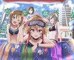  :d ;d all_fours arm_support bag bikini black_bikini blue_sky blush breasts brown_hair cleavage cloud collarbone day earrings eyebrows_visible_through_hair frilled_bikini frills green_eyes grey_eyes groin hair_between_eyes haruki_(haruki678) head_tilt highres holding holding_bag idolmaster idolmaster_cinderella_girls jewelry looking_at_viewer maekawa_miku medium_breasts multicolored_hair multiple_girls navel ninomiya_asuka one_eye_closed open_mouth outdoors plastic_bag purple_eyes shiny shiny_hair shiomi_shuuko shirt short_hair short_hair_with_long_locks short_sleeves sideboob sidelocks silver_hair sitting sky smile standing swimsuit tada_riina two-tone_hair wading_pool white_shirt 