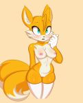  2018 anthro areola breasts canine clothing crossgender dipstick_tail elzzombie female fox fur gloves hi_res legwear mammal miles_prower mostly_nude multicolored_tail nipples pussy simple_background solo sonic_(series) video_games white_fur yellow_fur 