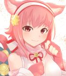  animal_ears bell cat_ears cat_tail closed_mouth commentary_request fake_animal_ears fake_tail fingerless_gloves fire_emblem fire_emblem_heroes fire_emblem_if fur_trim gloves hair_ornament hairband highres japanese_clothes nakabayashi_zun pink_hair red_eyes sakura_(fire_emblem_if) short_hair simple_background sleeveless smile solo tail white_background 