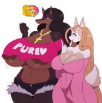  &lt;3 angry areola beauty_mark big_breasts blonde_hair breasts brown_fur brown_hair canine clothed clothing cross dog female fur hair huge_breasts jewelry laverne_(sssonic2) leia_(sssonic2) long_hair makeup mammal necklace sssonic2 yellow_eyes 