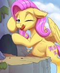  2018 cutie_mark equine feathered_wings feathers female feral fluttershy_(mlp) friendship_is_magic hi_res licking licking_lips mammal my_little_pony one_eye_closed outside pegasus ponythroat solo tongue tongue_out vore wings 